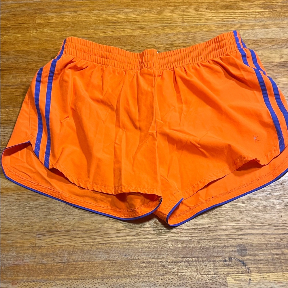 Danskin Now Women Medium Vibrant Orange Blue Stripe Running Activewear Shorts